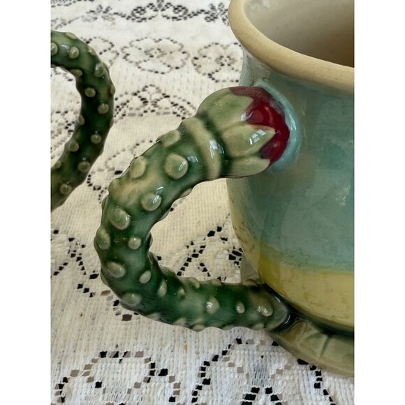 Vintage 80's Set 4 Majolica Pottery Mugs Cups Cactus blossom Handle - Picture 3 of 13